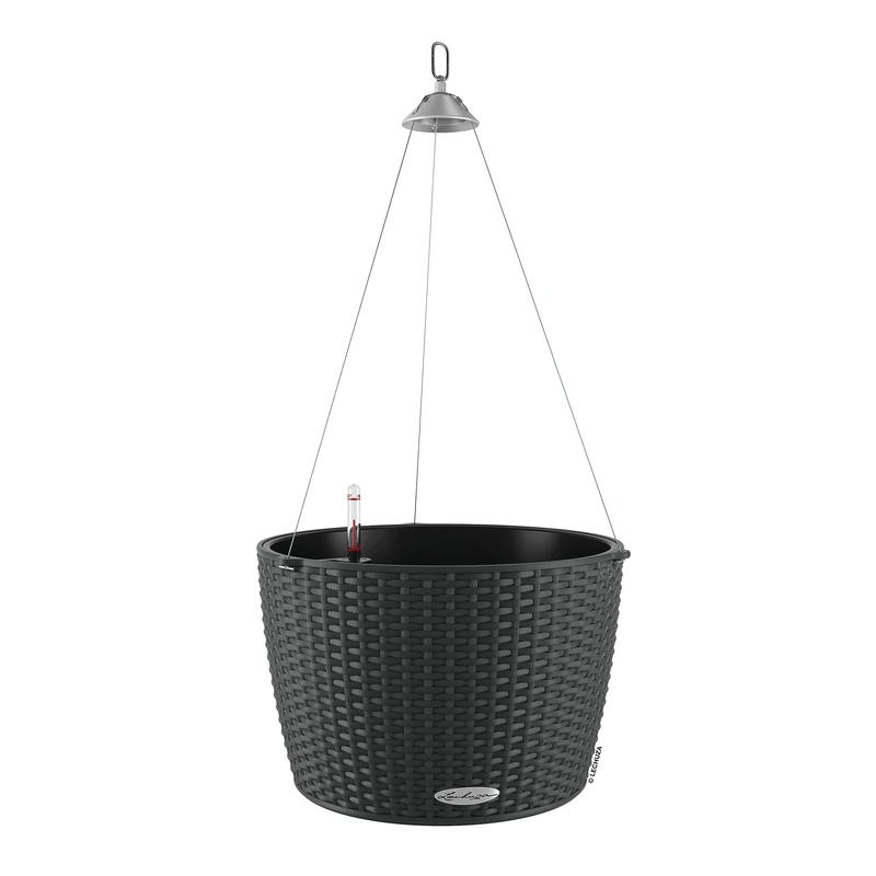 Lechuza Self Watering Hanging Plant Pots NIDO Cottage 35 Rattan Look Plastic Outdoor Indoor Planter with Drainage Hole D35 H23 cm Granite