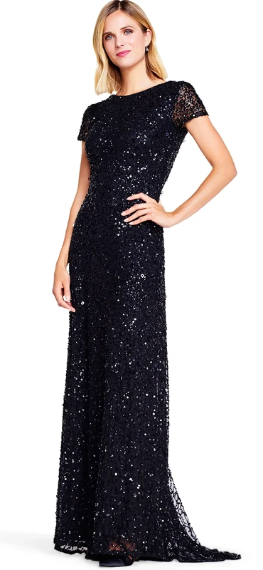 Adrianna Papell Women's Short-Sleeve All Over Sequin Gown Special Occasion Dress, Black, 4