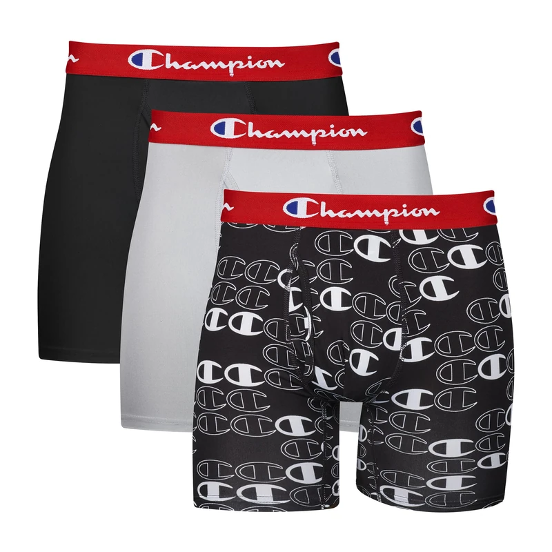 Champion Unisex's Men's Lightweight Stretch Boxer Brief, New Ebony/New Ebony with C Logo Print Silverstone-3 Pack, XL