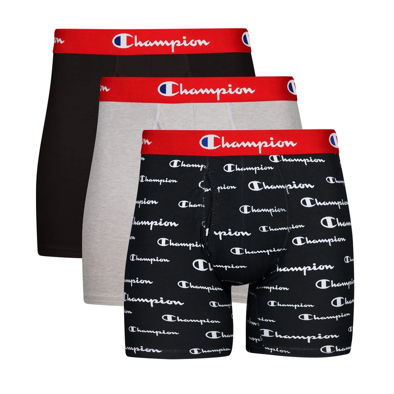 Champion Men's Boxer Briefs, Every Day Comfort Stretch Cotton Moisture-Wicking Underwear, Multi-Pack, Black/Oxford Grey Heather/Black Script Logo-3 Pack, XL (Pack of 3)