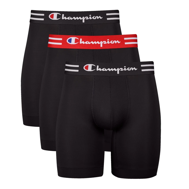 Champion Men's Boxer Briefs, Performance Stretch, Moisture Wicking, Multi-Pack, Long Leg-Black-3 Pack, L (Pack of 3)