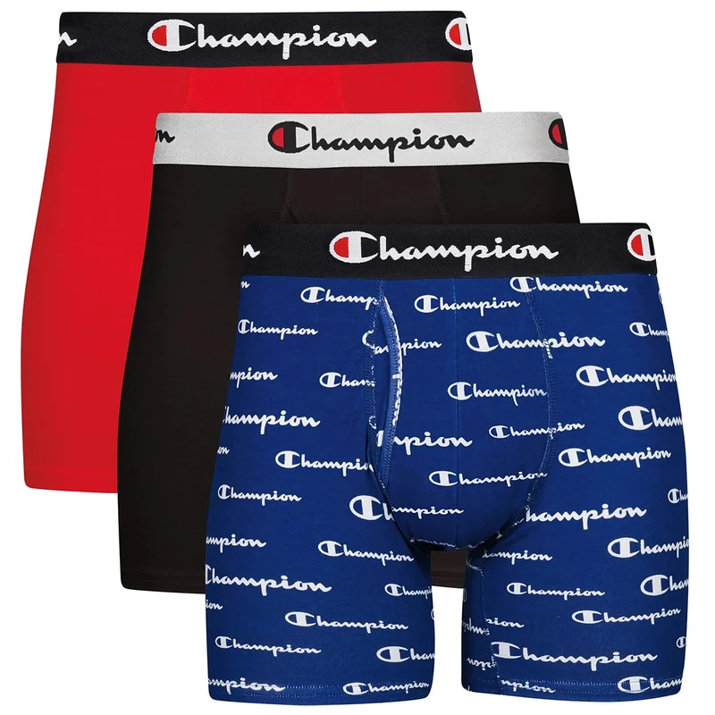 Champion Men's Every Day Comfort Stretch Cotton Boxer Briefs (3 Pack), Blue White Script Logo/Black/Red - 3 Pack, L