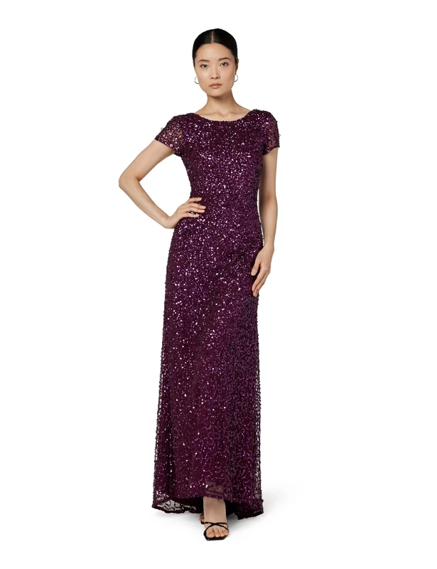 Adrianna Papell Women's Short-Sleeve All Over Sequin Gown Dress, Cabernet, 8