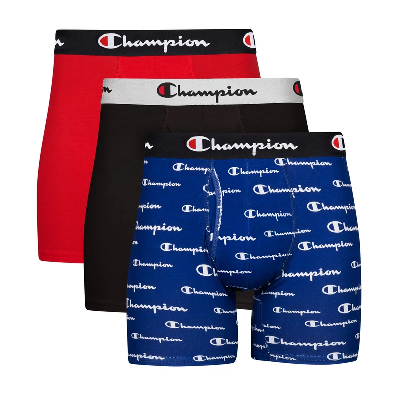 Champion Men's Cotton Stretch Boxer Brief (3 and 5 Pack Available), Blue White Script Logo/Black/Red, XL (Pack of 3)
