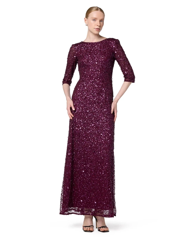 Adrianna Papell Women's 3/4 Sleeve Scoop Back Beaded Gown Mother of The Bride Dress, Cabernet, 14