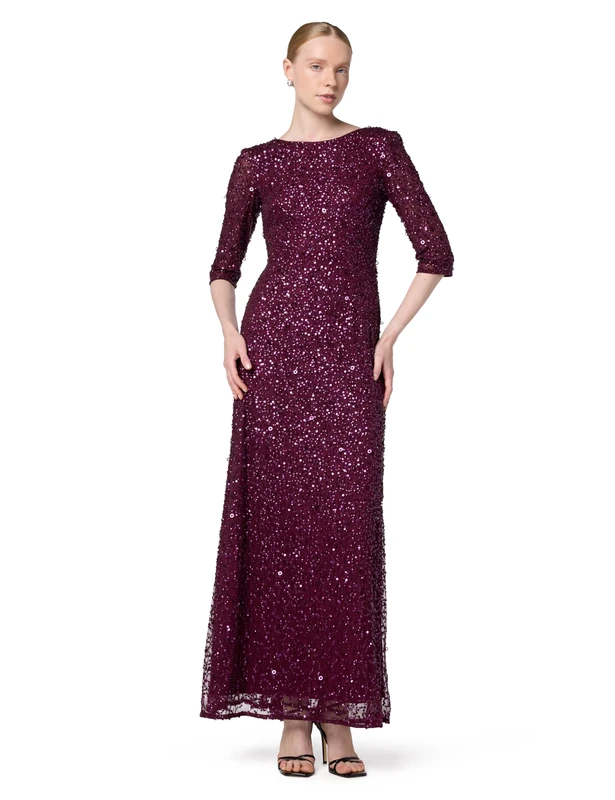 Adrianna Papell Women's 3/4 Sleeve Scoop Back Beaded Gown Dress, Cabernet, 12