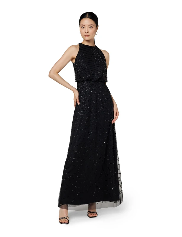 Adrianna Papell Women's Halter Art Deco Beaded Blouson Dress Special Occasion, Black/Black, 20