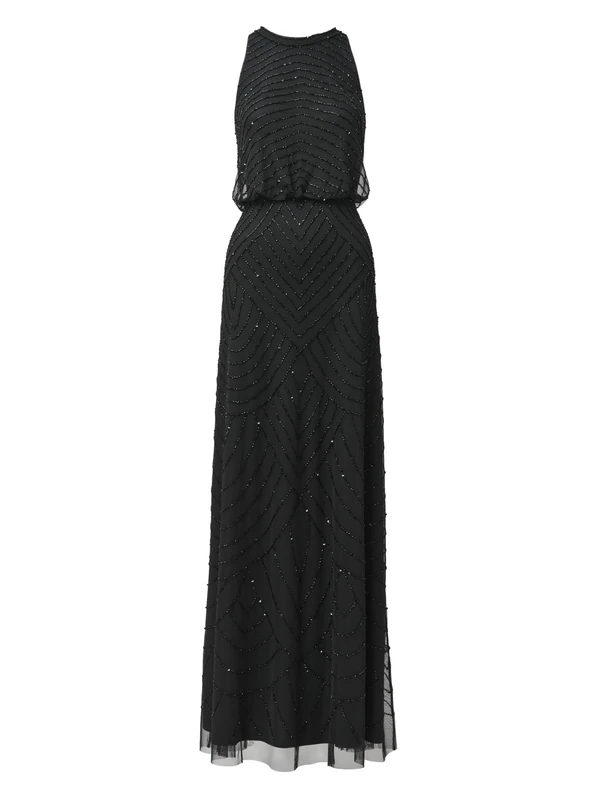 Adrianna Papell Women's Halter Art Deco Beaded Blouson Dress Special Occasion, Black/Black, 8
