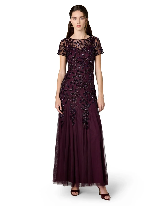 Adrianna Papell Women's Short-Sleeve Floral Beaded Godet Gown Dress, Night Plum, 14