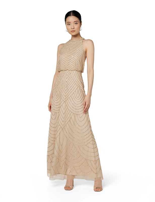 Adrianna Papell Women's Halter Art Deco Beaded Blouson Dress, Champagne/Gold, 16