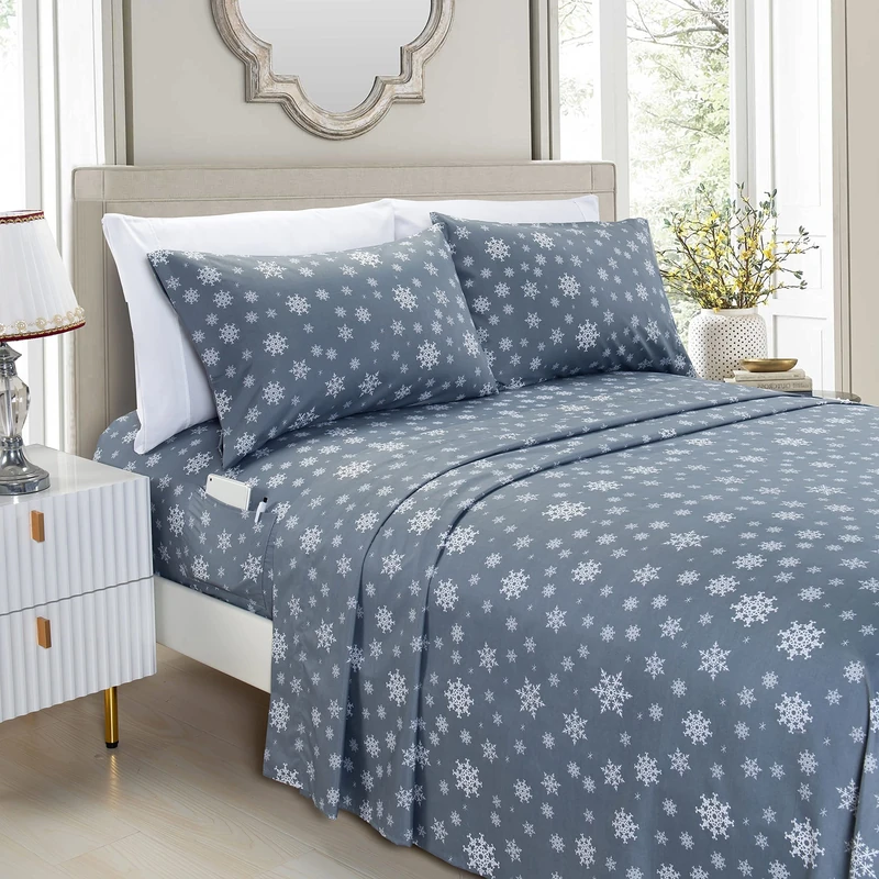Elegant Comfort Luxury Soft Bed Sheets Holiday Pattern 1500 Premium Hotel Quality Microfiber - Softness Wrinkle and Fade Resistant (6-Piece) Bedding Set, Queen, Snowflake-Gray