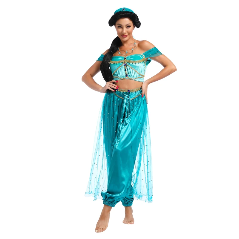 MISI CHAO Belly Dance Princess Jasmine Costume - Aladdin Halloween Outfit Princess Costumes Teal for Women, Teal, Small