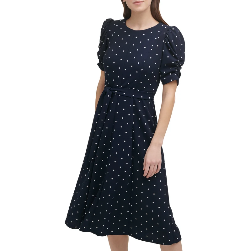 DKNY Women's Jewel Neck Scuba Crepe Dress, Black/Ivory Multi, 14