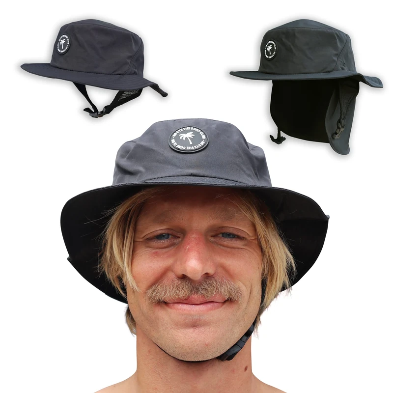 Ho Stevie! Surf Bucket Hat with Chin Straps for Surfing, SUP, and Watersports, Black, M