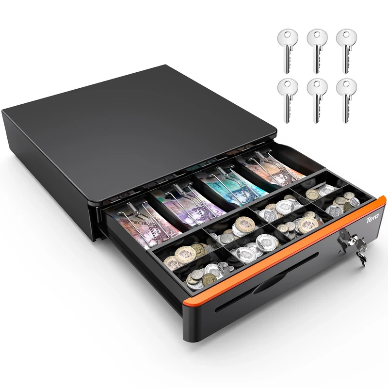 Tera Auto Open Cash Register (with 6 Keys) Till Drawer Box 4 Bill 8 Coin Cash Drawer 41 x 41 x 10 cm for POS System Removable Coin Compartment 12V RJ12 Key-Lock Media Slot for Shops Businesses 405R