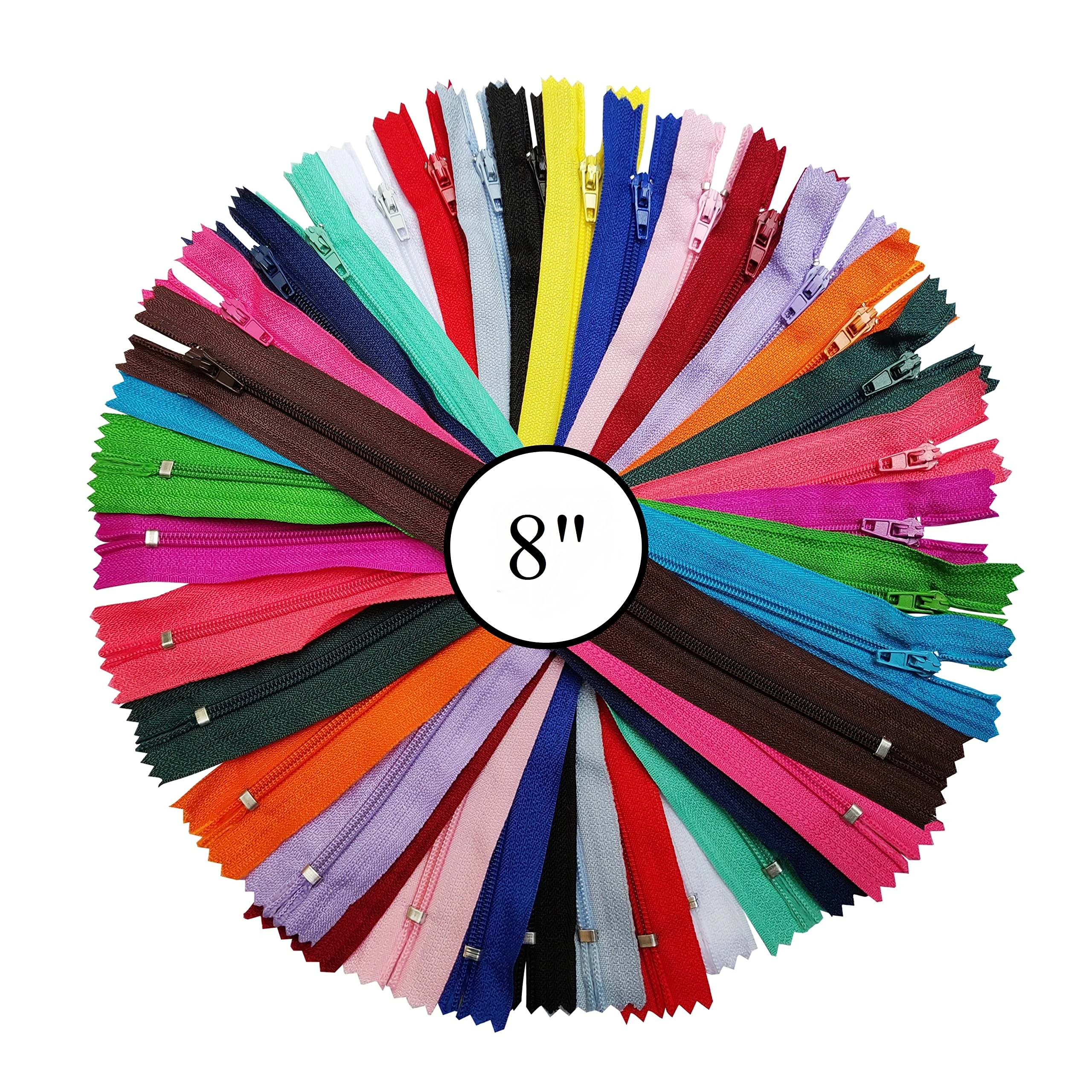 KGS Nylon Zipper for Sewing Crafts | 20 Assorted Colours | Size: 8 Inch / 20.3 cm | 40 Zippers/Pack | Multicolor Zippers for Sewing Supplies and Replacement in Bags, Pouches, Skirts, Dresses