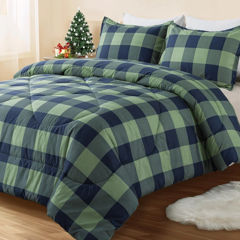 Andency Buffalo Plaid Comforter Queen, Green Navy Checkered Gingham Grid