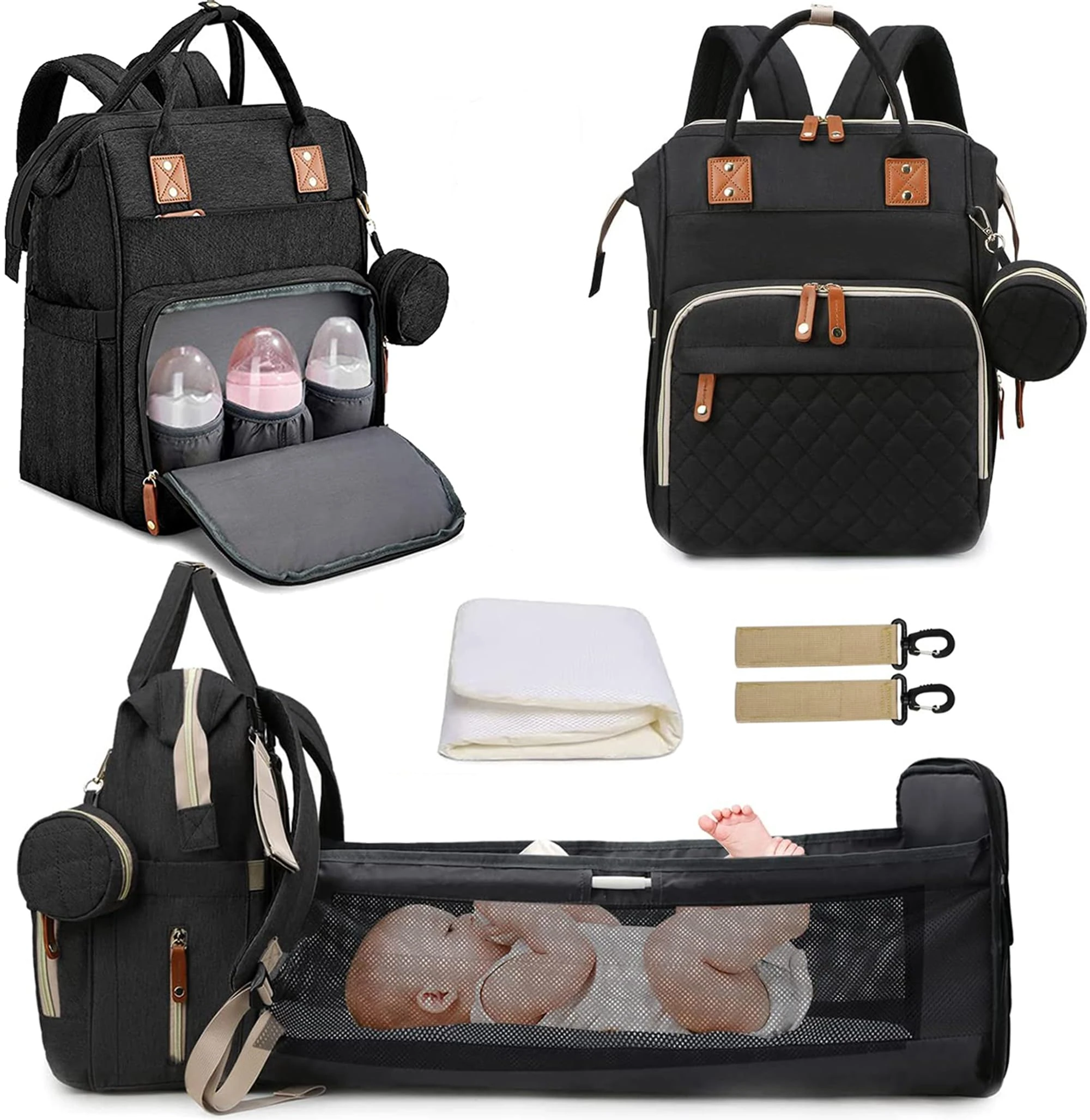 Fexkean Nappy Changing Backpack, Waterproof Multi-Function Large Capacity Diaper Baby Travel Bag with Bed 3 in 1 Foldable Crib Unisex for Mom and Dad Black