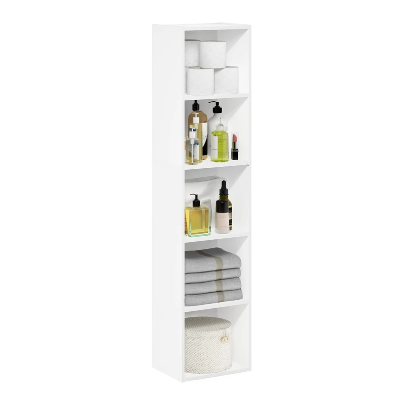 Furinno PASIR Book Shelf, 5-Tier Modern Bookshelf, Open Shelves Bookcase 9 x 12 x 52, for Living Room, Bedroom, Home Office, White