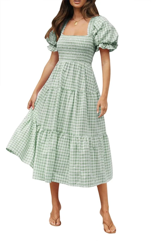 ZESICA Women's Bohemian Summer Plaid Square Neck Puff Sleeve Ruffle Flowy Beach Midi Dress, Green, Medium
