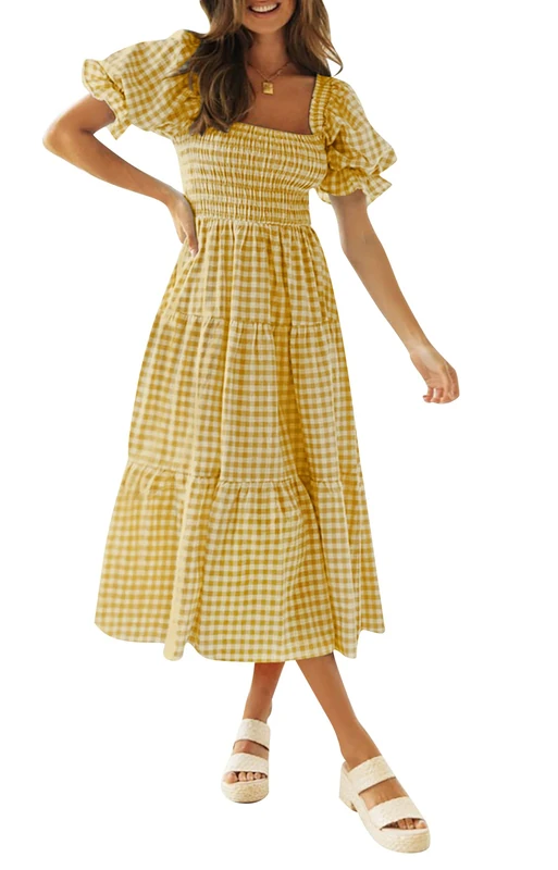 ZESICA Women's 2024 Bohemian Summer Plaid Square Neck Puff Sleeve Ruffle Flowy Beach Midi Dress, Ginger, S