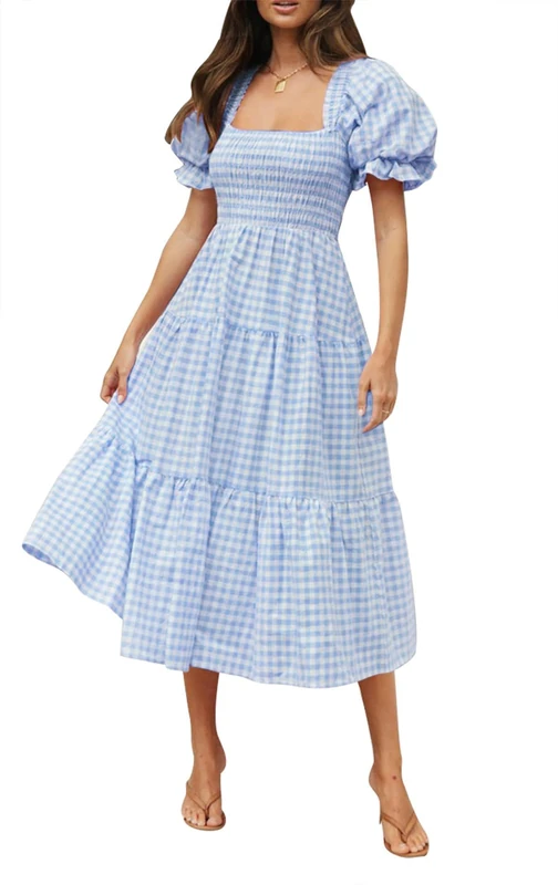 ZESICA Women's 2024 Bohemian Summer Plaid Square Neck Puff Sleeve Ruffle Flowy Beach Midi Dress, Lightblue, M