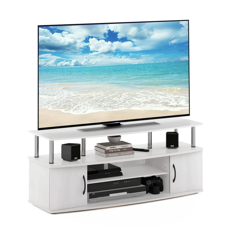 Furinno JAYA TV Stand, Entertainment Center, TV Console, for TV up to 55 Inch, with 2 Doors and Cable Management Holes, for Living Room, Bedroom, White Oak/Stainless Steel Tubes