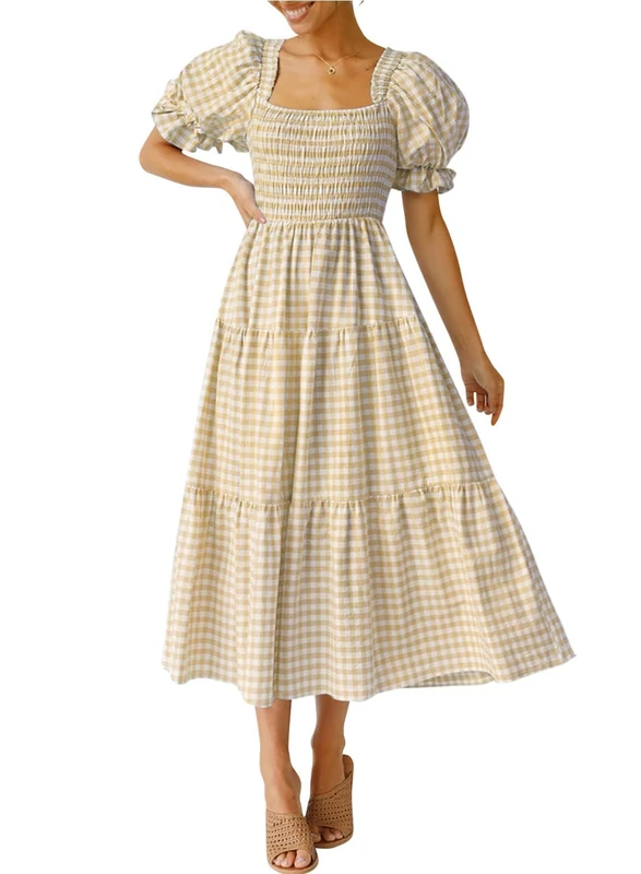 ZESICA Women's 2024 Bohemian Summer Plaid Square Neck Puff Sleeve Ruffle Flowy Beach Midi Dress, Beige, M