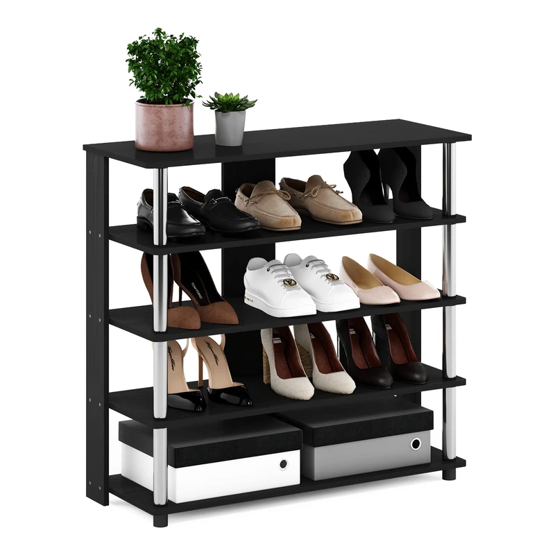 Furinno TURN-N-TUBE Shoe Rack, 5 Tier Shoe Organizer, Wide Shoe Storage with Stainless Steel Tubes, 11.8 x 31.5 x 29.5, for Closet Entryway, Office, Garage, Americano