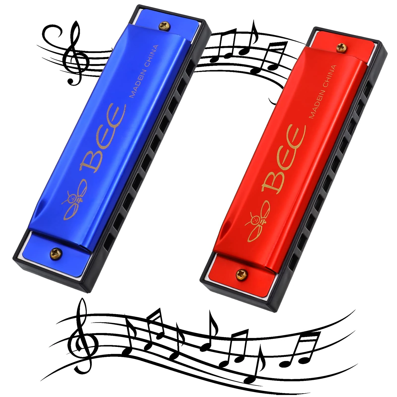 Fanshiontide 2-Piece Harmonica Set, 10-Hole, 20-Tone Blues Harmonica - Mouth Organ Key of C Diatonic, Perfect for Kids, Adults, Beginners & Performers (Red & Blue)