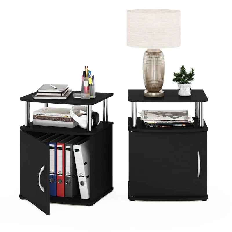 Furinno JAYA Side Table Set of 2, 2-Tier Open Shelf End Table with Door Cabinet, Soft-edges Night Stand, Bedside Table, for Living Room, Bedroom, Americano/Stainless Steel