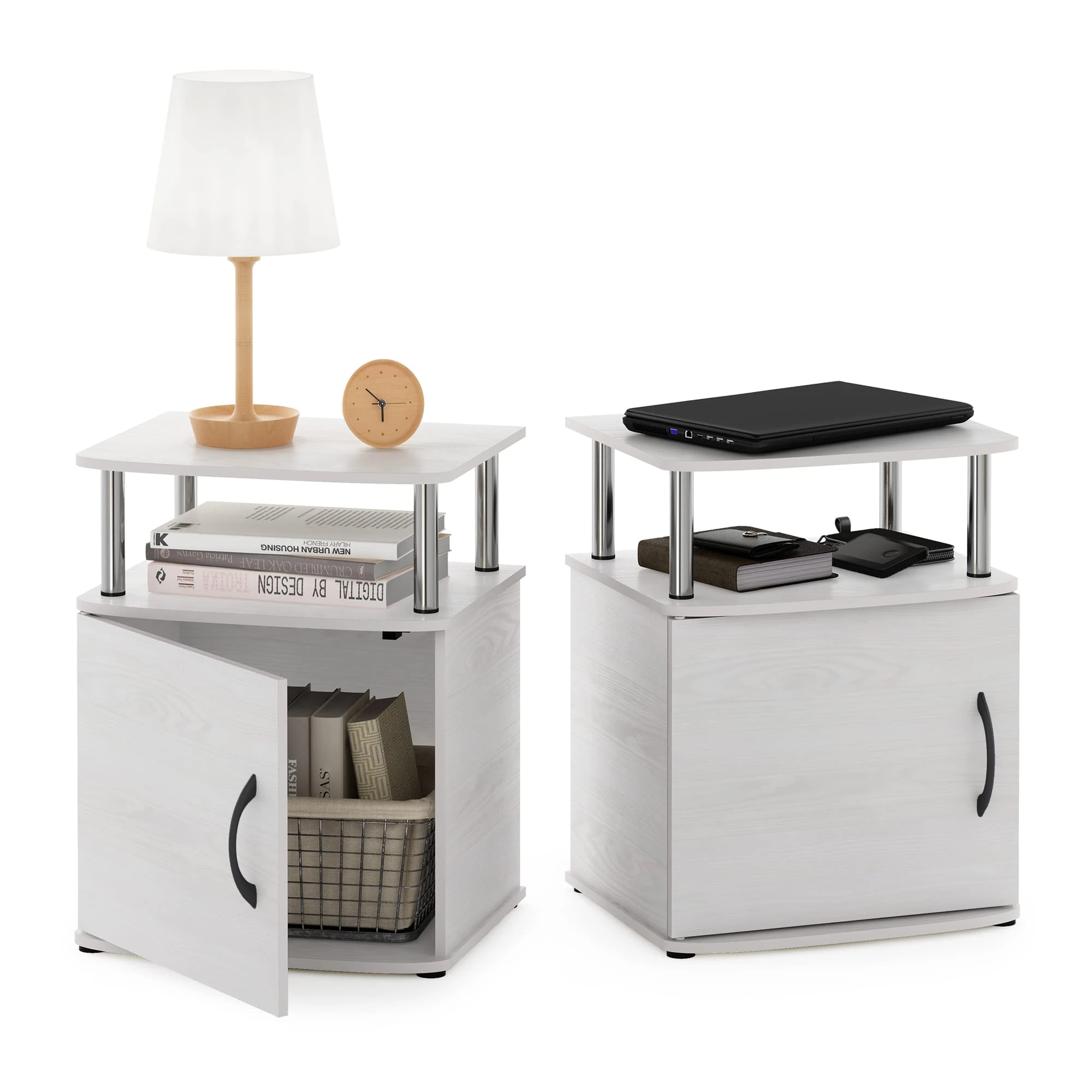 Furinno Utility Design End, Side Table, Nightstand, Engineered Wood, White Oak/Chrome, 2-Pack (215114WOKSS)