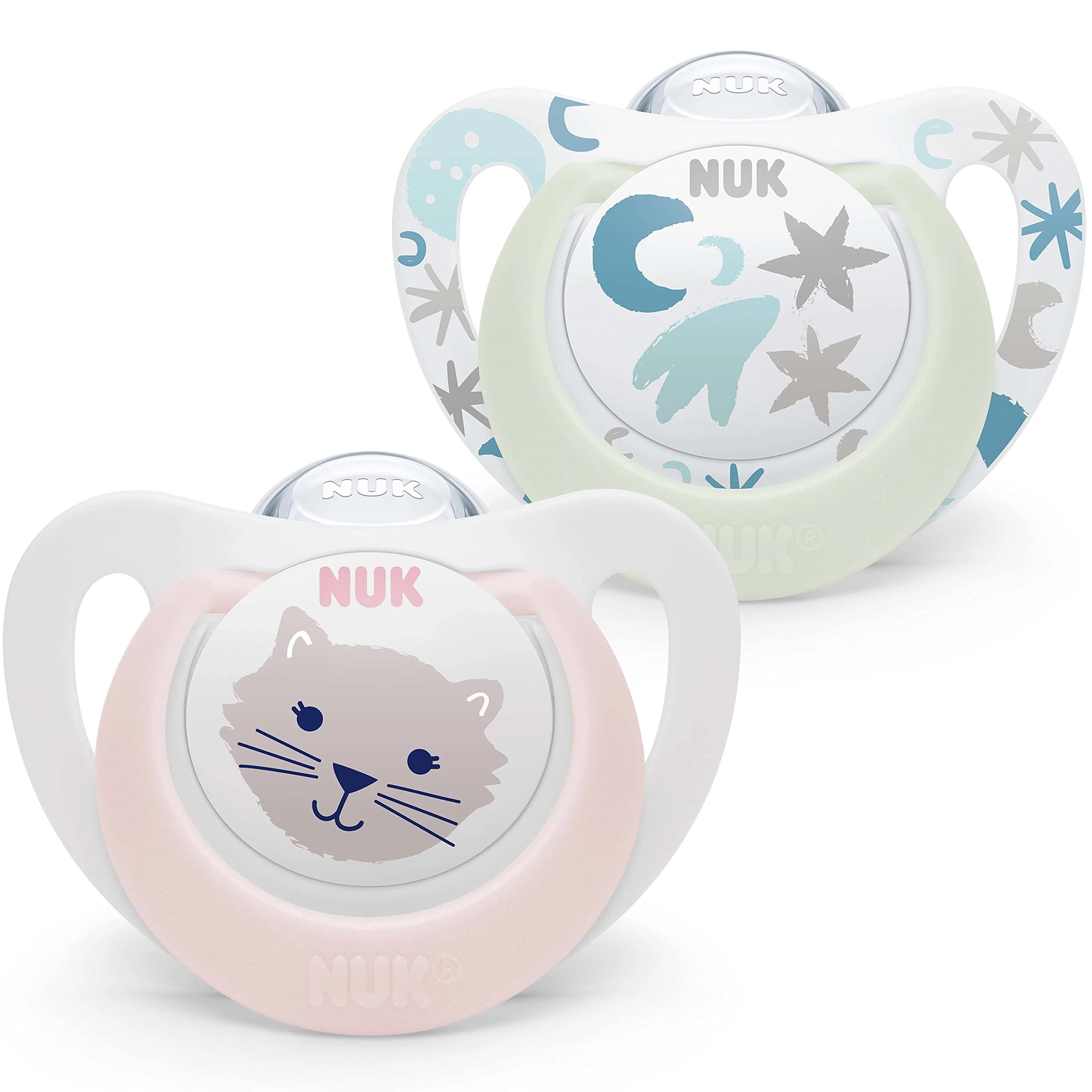 NUK Star Baby Dummy | 0-6 Months | Day & Night Soothers | BPA-Free Silicone | Pink Cat | 2 Count