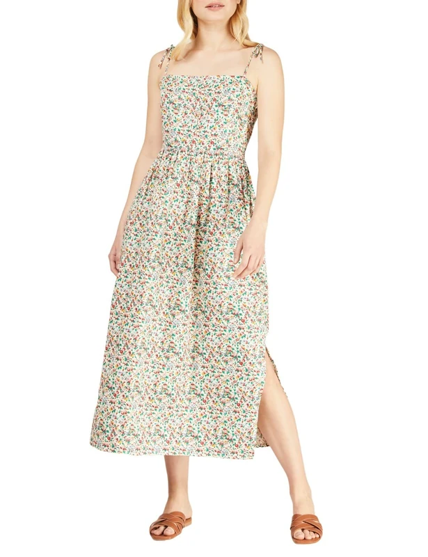 People Tree Women's V&A Margie Strappy Dress in Multi on White, GOTS Certified Organic Cotton, Size 16