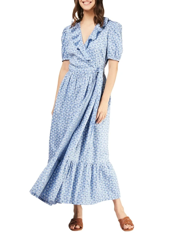 People Tree Women's V&A Izzy Wrap Dress in Multi on Placid Blue, GOTS Certified Organic Cotton, Size 8