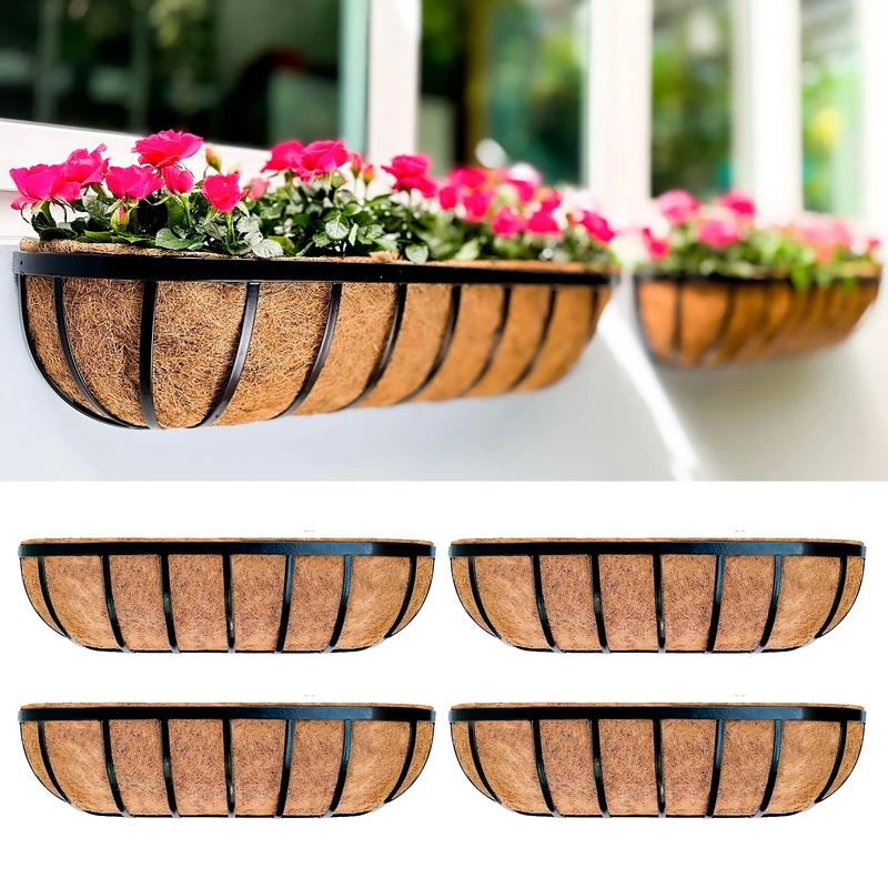 LaLaGreen Fence Planters for Outdoor Plants - 24 inch, 4 Pack Window Boxes Planters to Attach to House, Wall Mounted Flower Coco Baskets Outside Deck Outdoor Railing Balcony Garden Porch Patio Rail