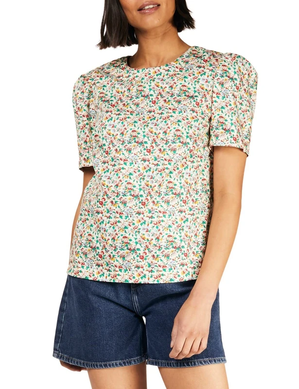 People Tree Women's V&A Margie Blouse in Multi on White, GOTS Certified Organic Cotton, Size 10