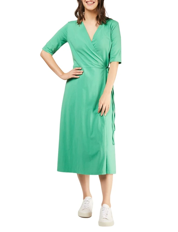 People Tree Women's Mishka Wrap Dress in Greenbriar, GOTS Certified Organic Cotton, Size 16