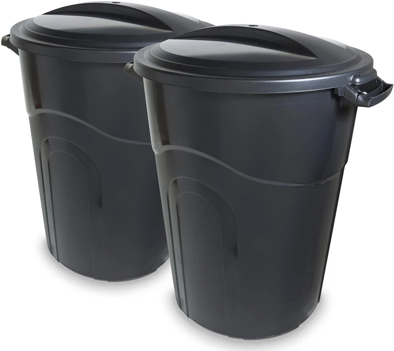 United Solutions 32 Gallon Outdoor Garbage Can, Black, Easy to Carry Garbage Can with Sturdy Construction, Pass-Through Handles & Attachable Click Lock Lid, Indoor or Outdoor Use, 2-Pack