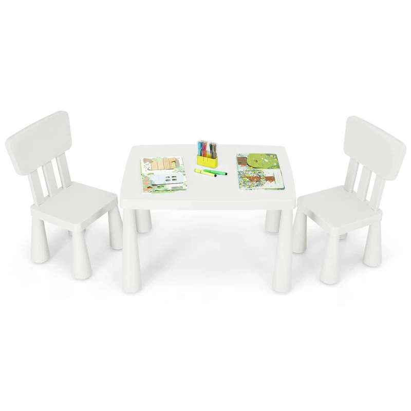 GYMAX Kids Table and Chair Set, Toddler Activity Table with 2 Chairs, Children Furniture Set for Playing, Learning, Eating and Drawing (White)
