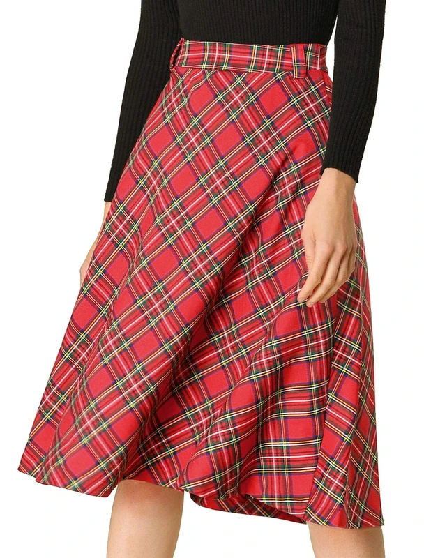 Allegra K Women's Christmas Tartan Plaid High Waist Belted Vintage A-Line Midi Skirt, Red, XXL