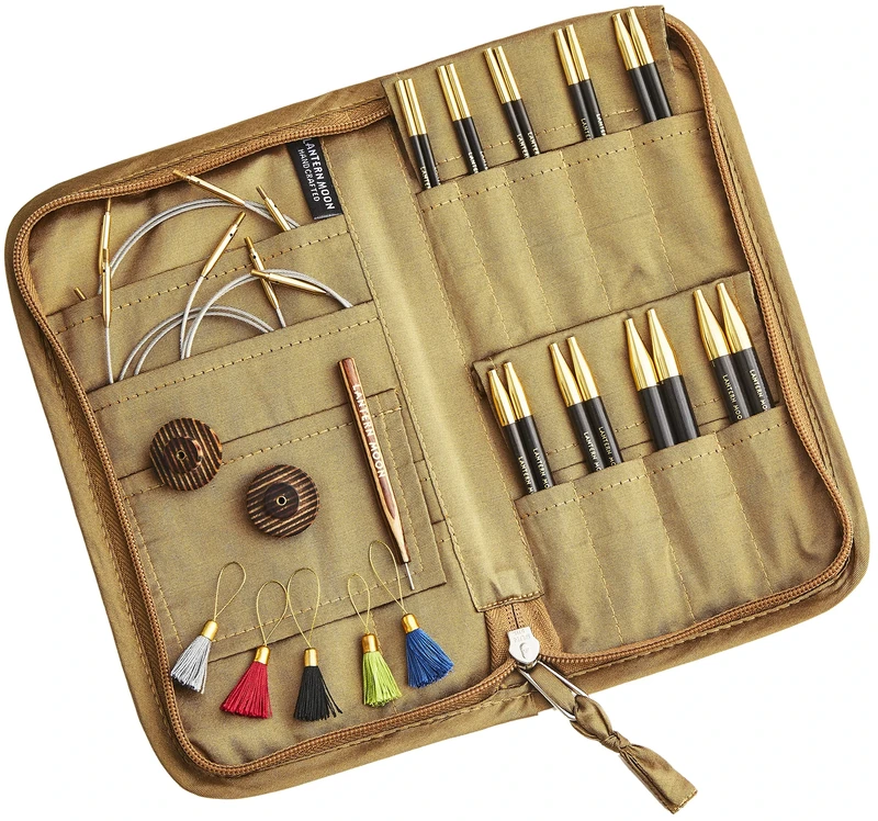 Lantern Moon Interchangeable Knitting Needles – 9 Pairs of 10cm 4” Tips – 2 Swivel Cords 40,50cm – End Caps, Stitch Markers - Khadi Silk Zippered Case - Sizes 3,3.25,3.5,3.75,4,4.5,5,5.5,6mm