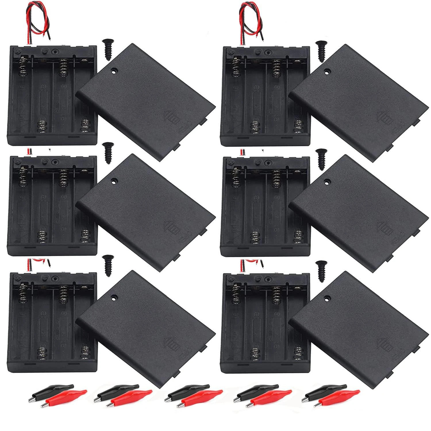 RUNCCI-YUN 6Pcs AA 4 x 1.5V 6V Battery Holder Case Plastic Battery Storage Box with ON/OFF Switch Case Cover Wire Leads+20 Crocodile clips+4Pcs Push Button Switch