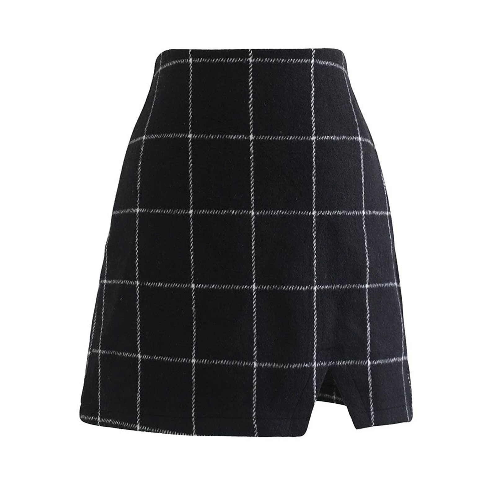 CHICWISH Women's Brown Check/Black/White Grid Wool-Blend Mini Bud Skirt, Mini Skirt-black Grid, L