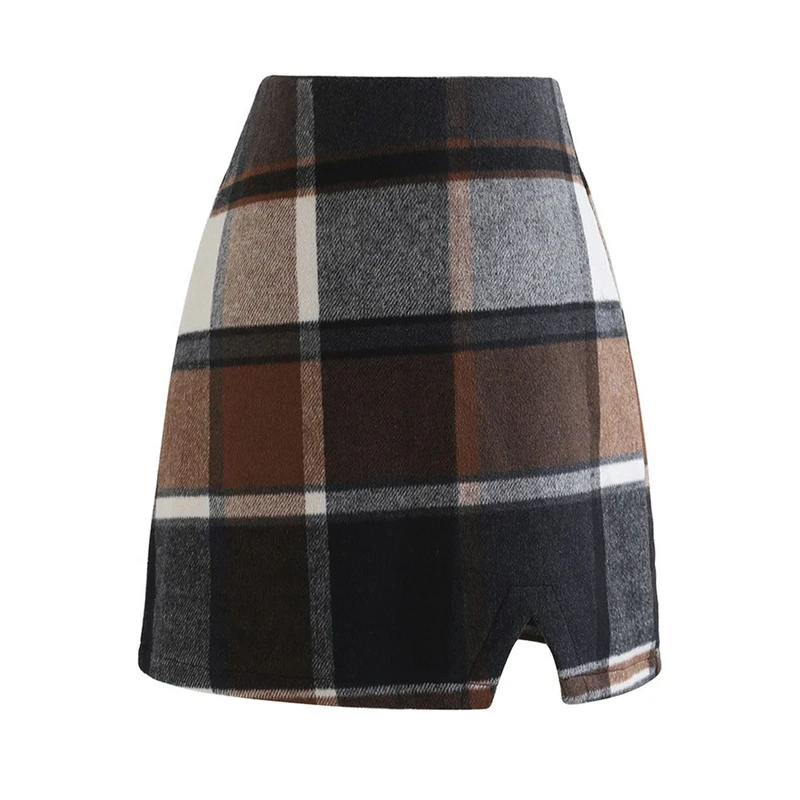 CHICWISH Women's Brown Check/Black/White Grid Wool-Blend Mini Bud Skirt, Mini Skirt-brown, L
