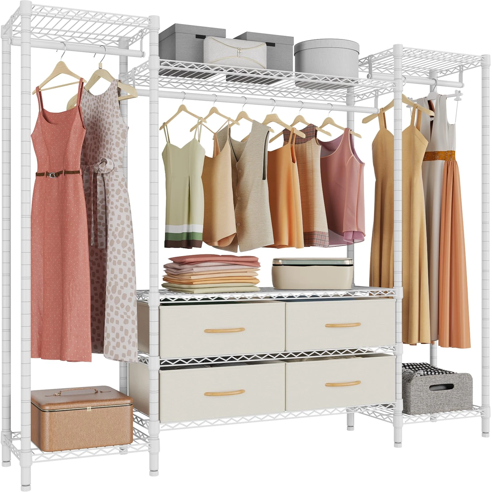 VIPEK V20 Wire Garment Rack Heavy Duty Clothes Rack, Metal Clothing Rack with 6 Shelves, 3 Hang Rods & 4 Fabric Drawers, Compact Freestanding Closet Wardrobe, 56.7" L x 14.6" W x 70.9" H, White