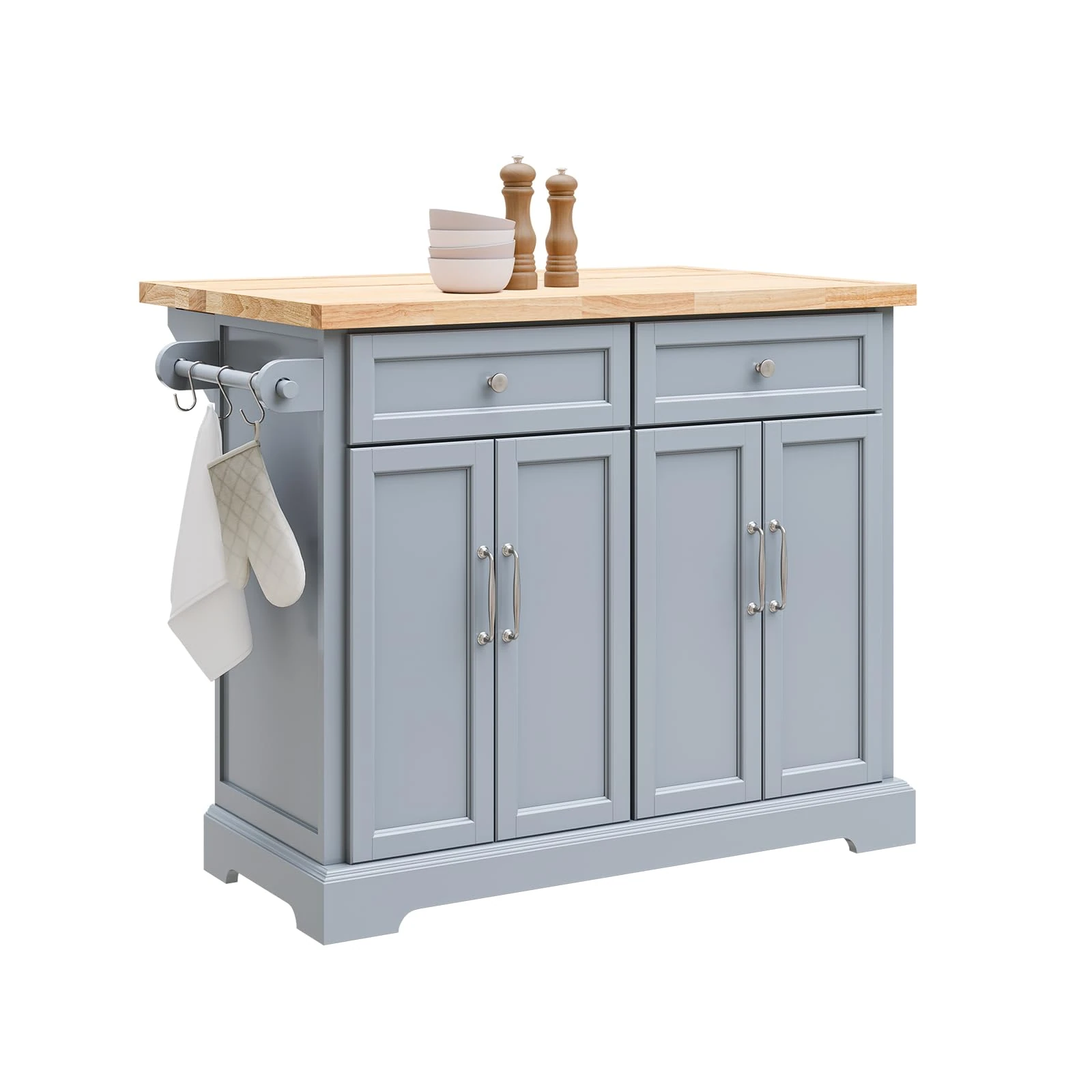 SoBuy Kitchen Island on Wheels Rolling Kitchen Storage Trolley with Extendable Rubber Wood Worktop, 2 Drawers and Adjustable Shelves for Dining Room, Breakfast Bar Grey 115x(46-71) x92 cm FKW71-II-HG