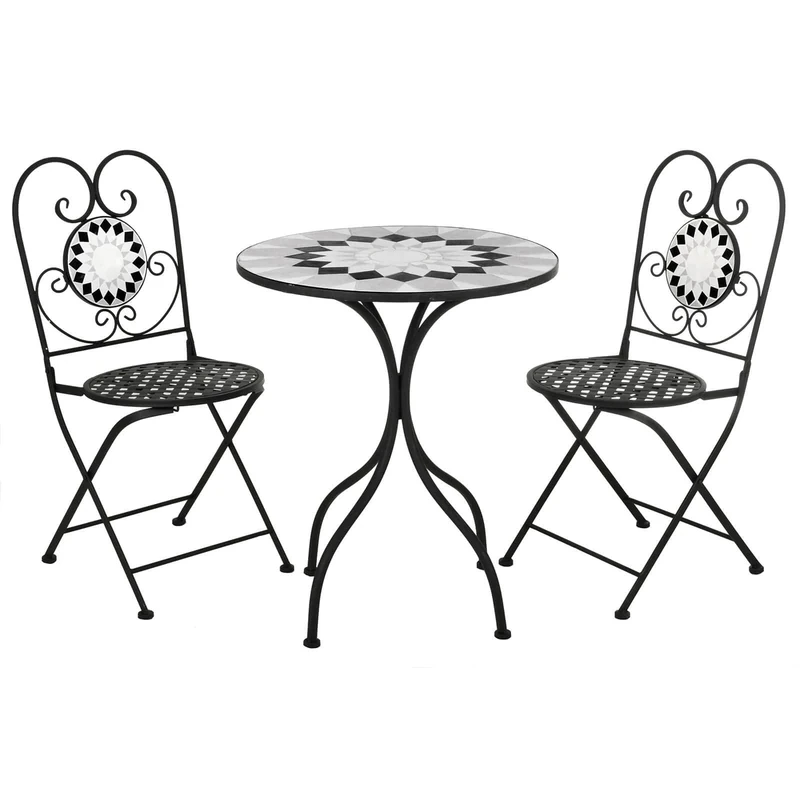 Azuma Small Garden Furniture Bistro Table and Chairs Set 2 - Greek Style Outdoor Table and Chairs Black Metal Foldable Outdoor Patio Furniture Set with Mosaic Table and Chairs