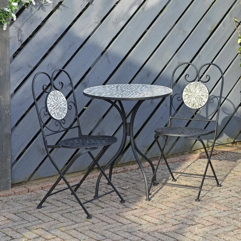 Azuma Garden Mosaic Bistro Set Black Metal Table 2 Chairs Patio Furniture Greek Style - Santorini, XS7357 - Image 1