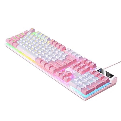 NALLBEIRRAA Gaming Keyboard,Rainbow LED Backlit Mechanical Feeling USB Wired Waterproof RGB Backlight Full Anti-ghosting Keyboard for Computer/PC/Laptop/MAC (White + Pink)